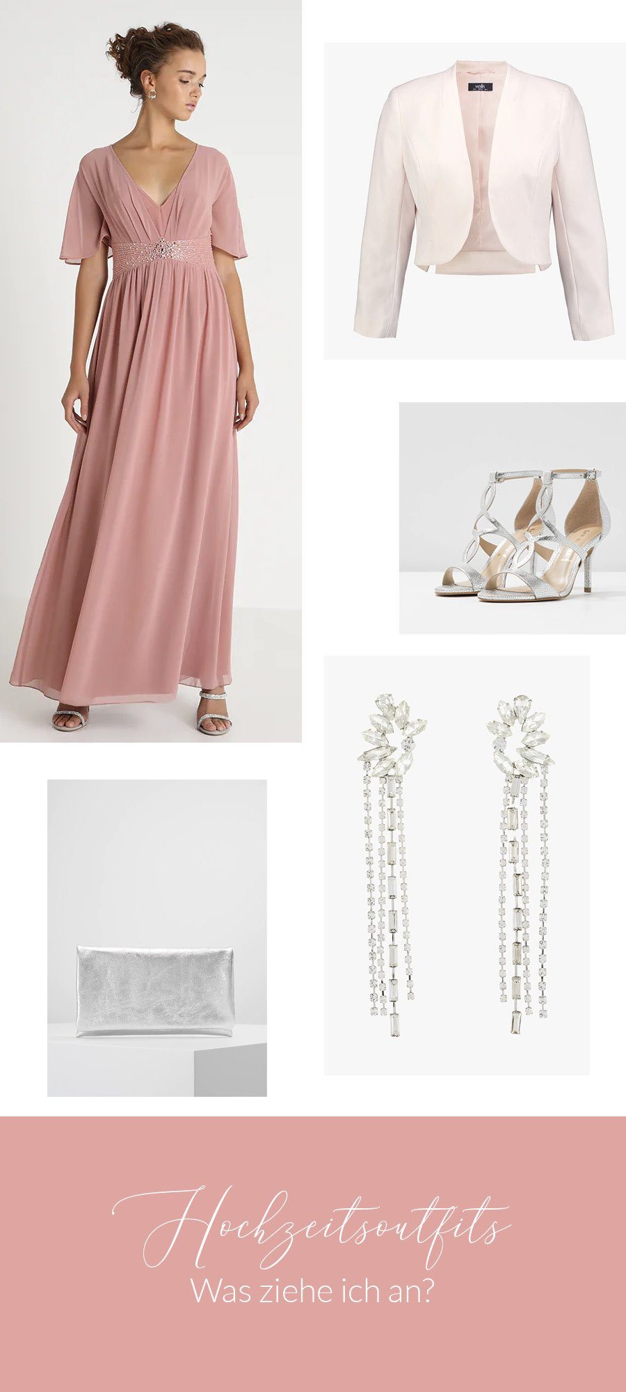 romantisches Hochzeitsoutfit mit lange Kleid und silbernen Accessoires