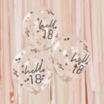 5 klare Luftballons mit rosegoldenem konfetti hello 18