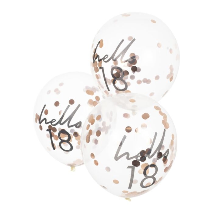 5 klare Luftballons mit roségoldenem Konfetti ‘hello 18’
