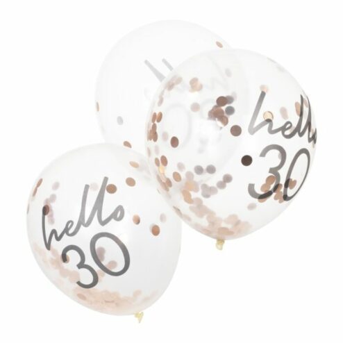 5 Luftballons mit roségoldenem Konfetti 'hello 30'
