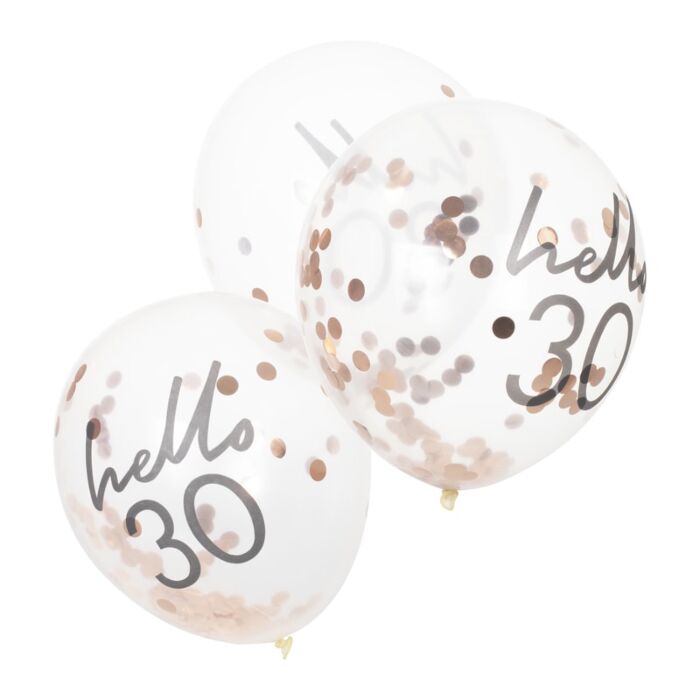5 Luftballons mit roségoldenem Konfetti ‘hello 30’