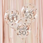 5 Luftballons mit roségoldenem Konfetti 'hello 50'