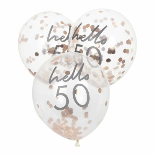 5 Luftballons mit roségoldenem Konfetti 'hello 50'