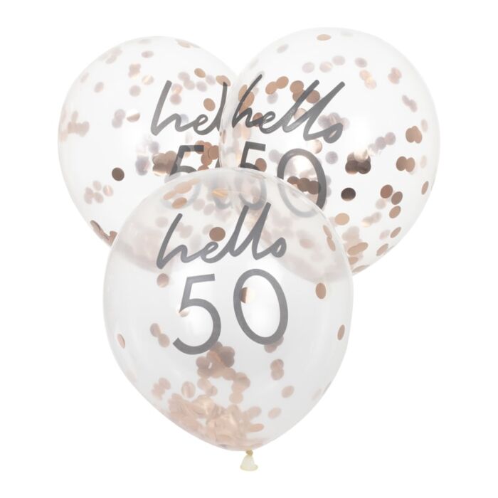 5 klare Luftballons mit roségoldenem Konfetti ‘hello 50’