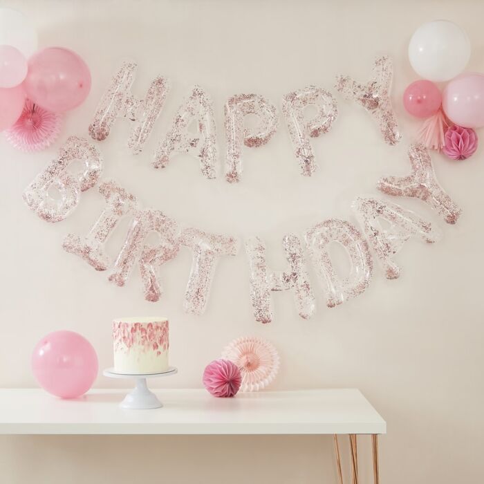 Happy Birthday Ballon Set durchsichtig mit Konfetti
