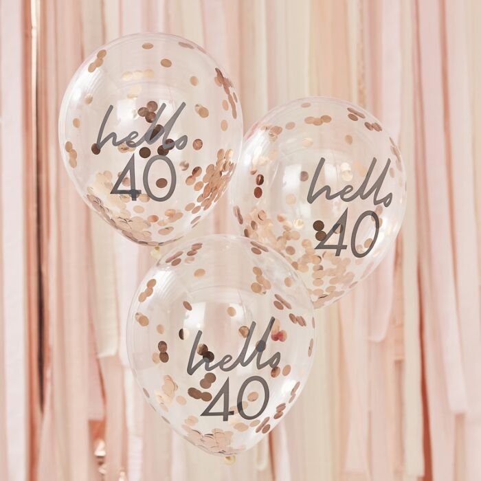 5 Luftballons mit roségoldenem Konfetti ‘hello 40’