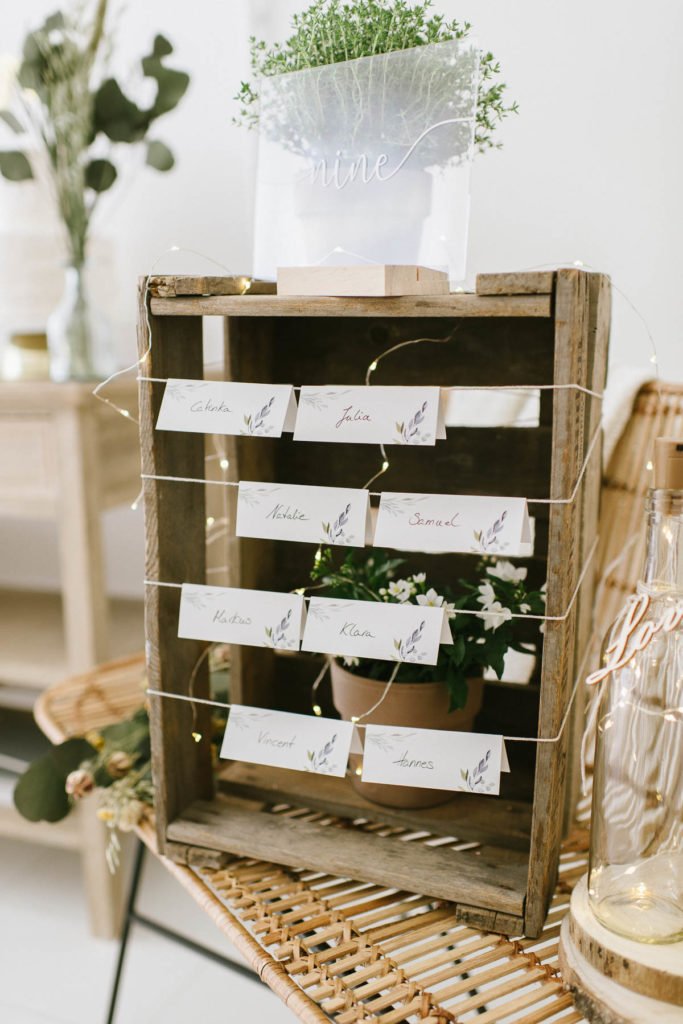 Unsere DIY Sitzplan Idee aus Weinkiste könnt ihr mit wenigen Dekorationen super schnell nachmachen. Für den Tischplan für eure Hochzeit braucht ihr ... #sitzplan #hochzeit #diy