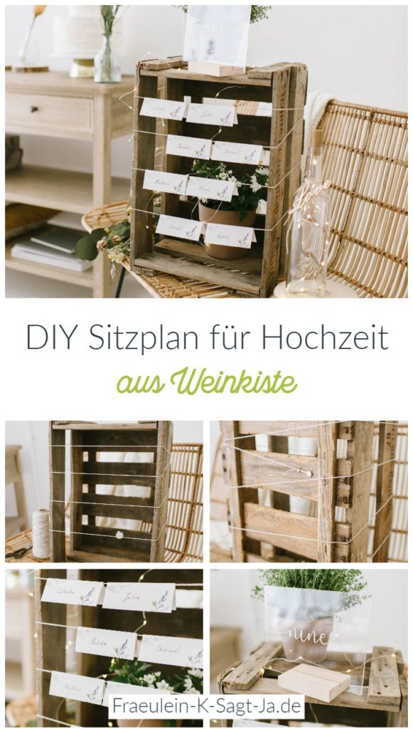 Unsere DIY Sitzplan Idee aus Weinkiste könnt ihr mit wenigen Dekorationen super schnell nachmachen. Für den Tischplan für eure Hochzeit braucht ihr ... #sitzplan #hochzeit #diy