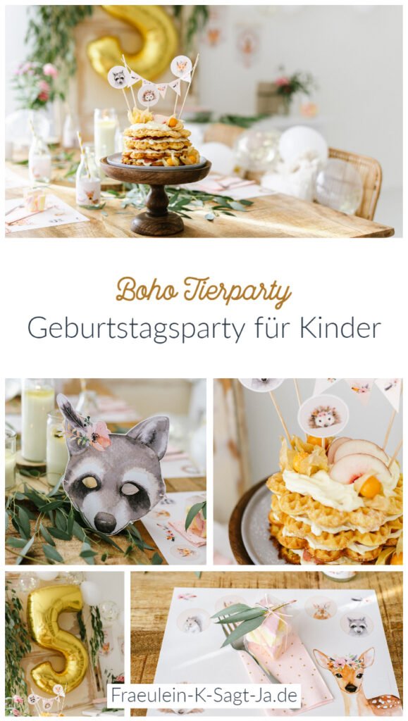 Boho Tierparty Kindergeburtstag feiern mit tierischen Einladungen, Dekorationen und Bastelideen für die Geburtstagsparty.