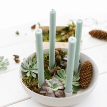 DIY Kerzenschale mit Sukkulenten als minimalistischen Adventskranz. Kerzenschale mit natürlichen Materialien füllen und Stabkerzen anzünden.