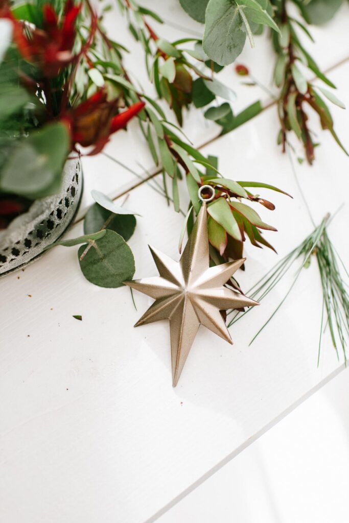 DIY Adventskranz mit Pflanzen für draußen weihnachtlich dekorieren mit grünen Zweigen und Beeren oder Olivenzweigen.