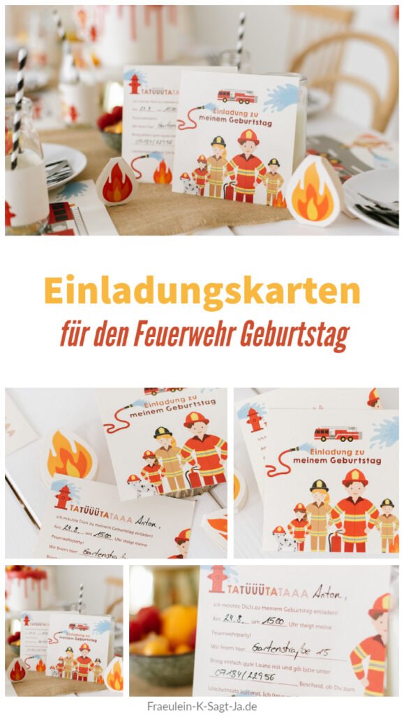 Liebevollel Einladungskarten für den Feuerwehr Geburtstag - Unsere Feuerwehrparty Box mit Einladungen, Deko, Torte, Spiel- und Bastelideen.