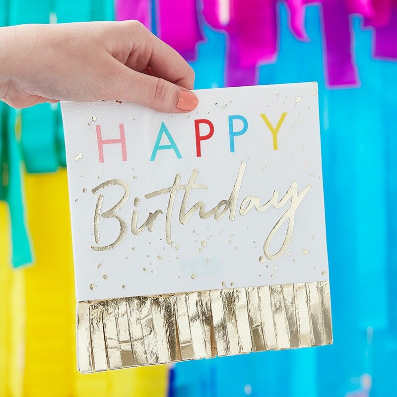 Papierserviette mit goldenen Fransen Happy Birthday