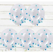 5 Luftballons transparent mit PomPoms blau grün