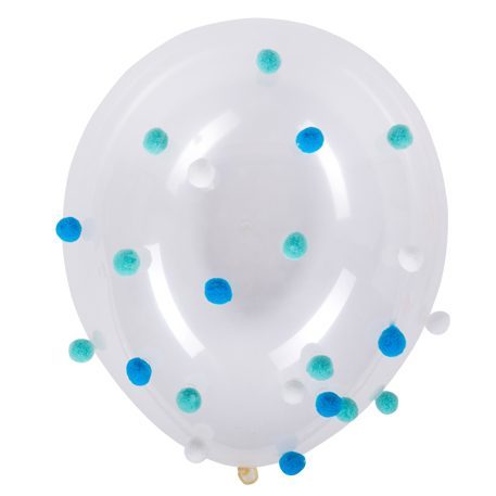 Durchsichter Ballon mit blauen Pompoms
