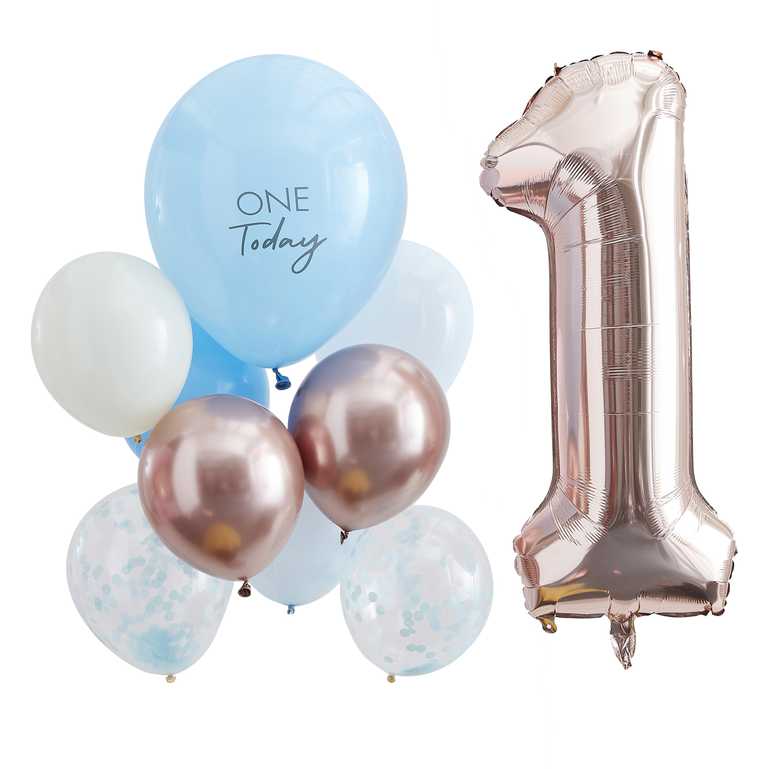 Luftballons zum ersten Geburtstag in Blau und Roségold