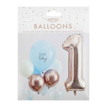 Luftballons zum ersten Geburtstag in Blau und Roségold