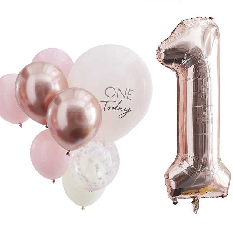 Luftballons zum ersten Geburtstag in Rosa und Roségold