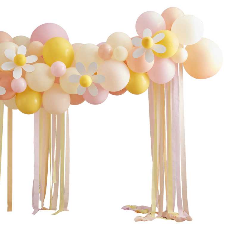 Ballongirlande pastell mit Gänseblümchen und Luftschlangen