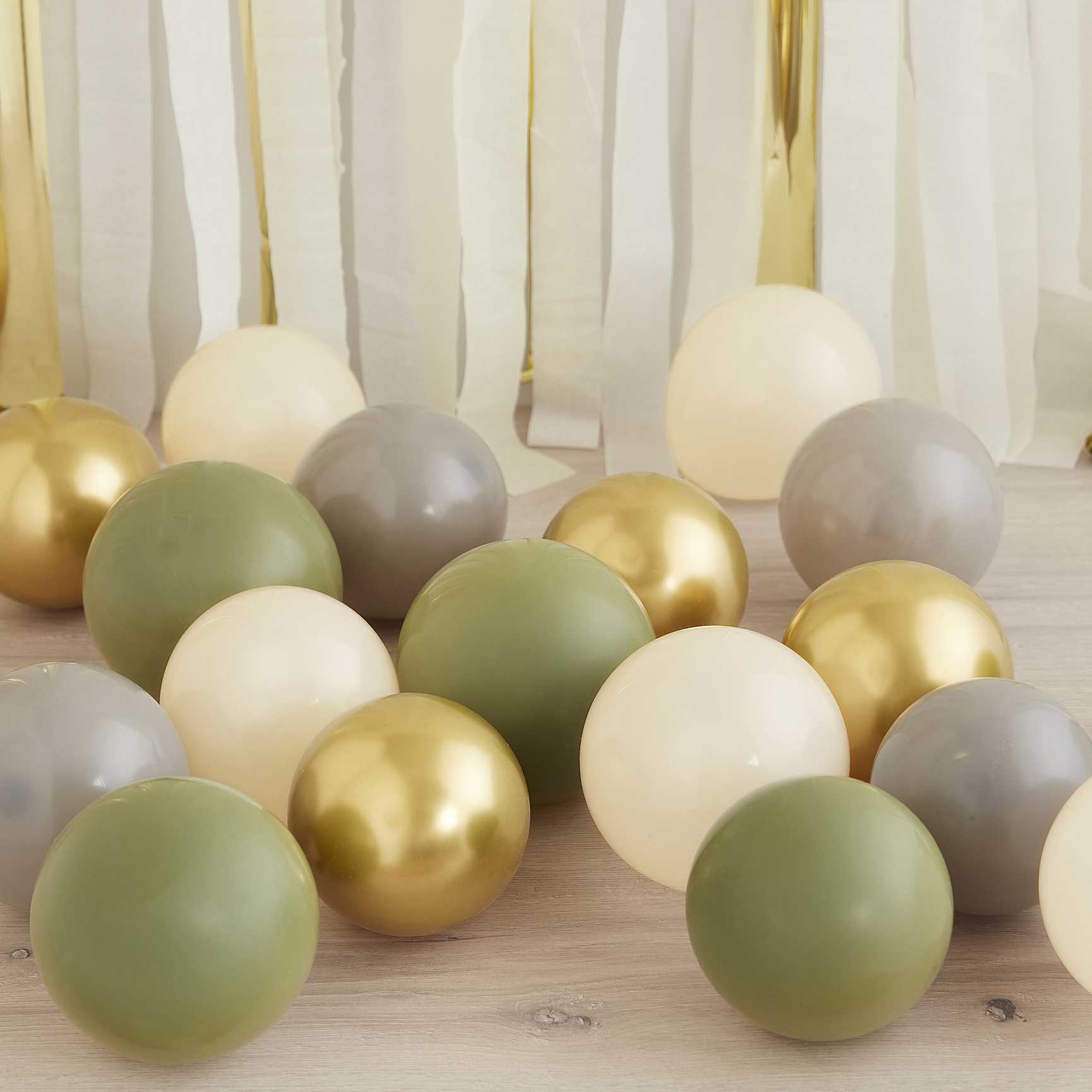 Luftballonpaket in goldchrom, olivgrün, nude und grau