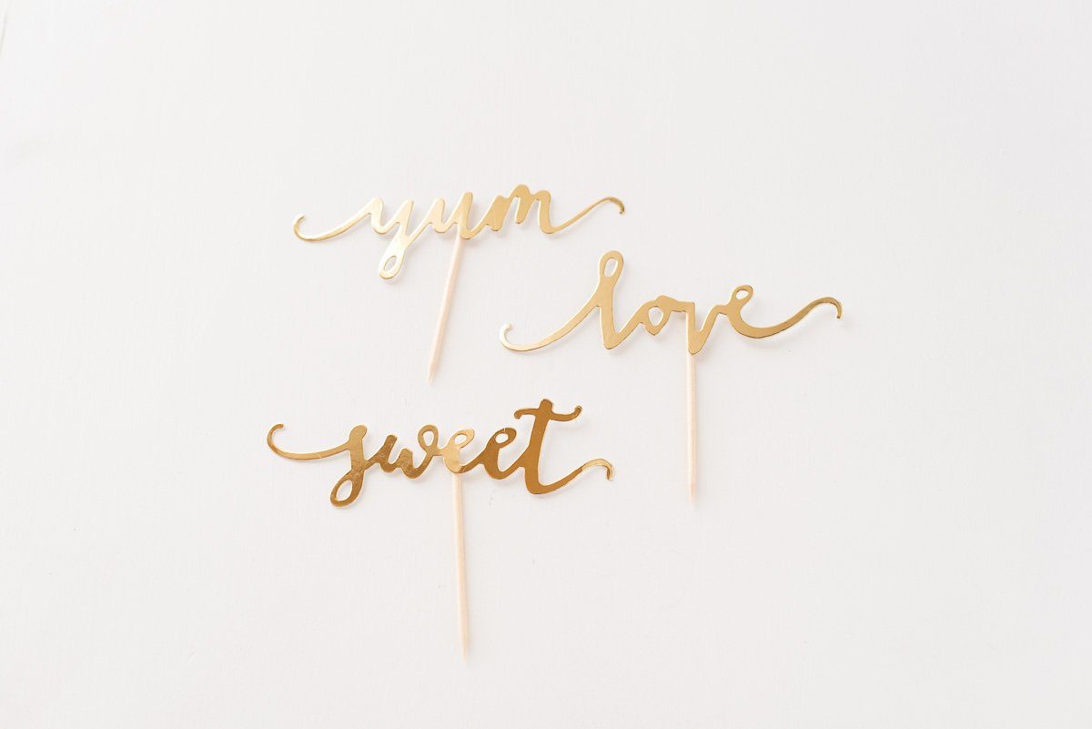 Cupcake Topper Set Love, Yum, Sweet gold